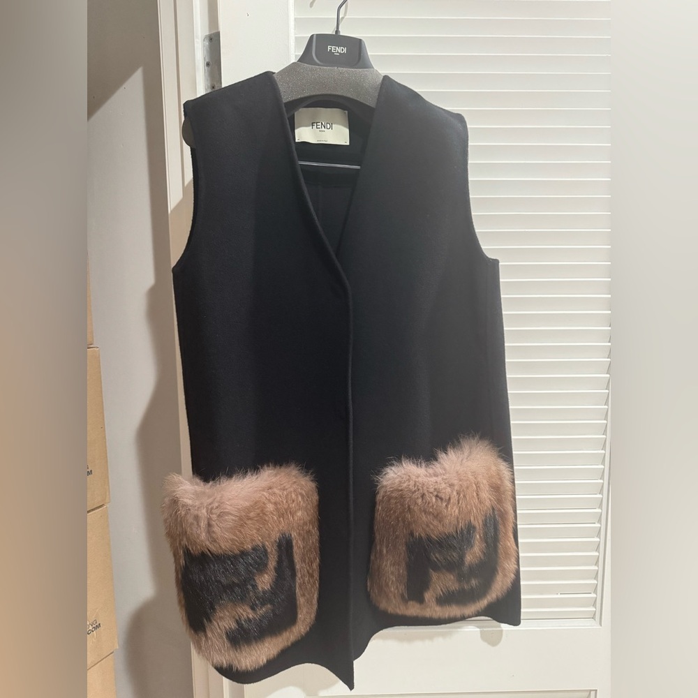 New with Tags - FENDI Roma “Gilet Fluffy Wool” Vest with Shadow Fox Fur Pockets